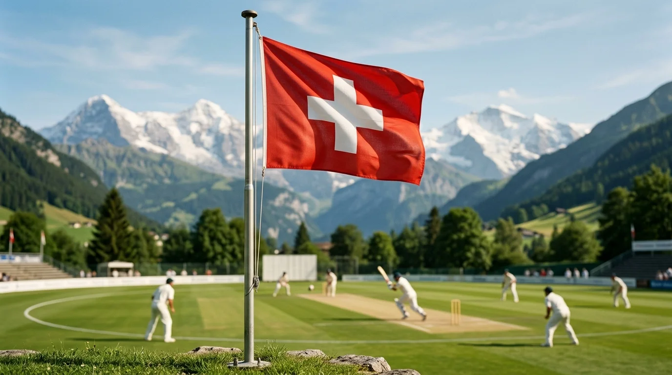 Schweizer Flagge vor Cricket-Kulisse als Symbol der Rechtslage