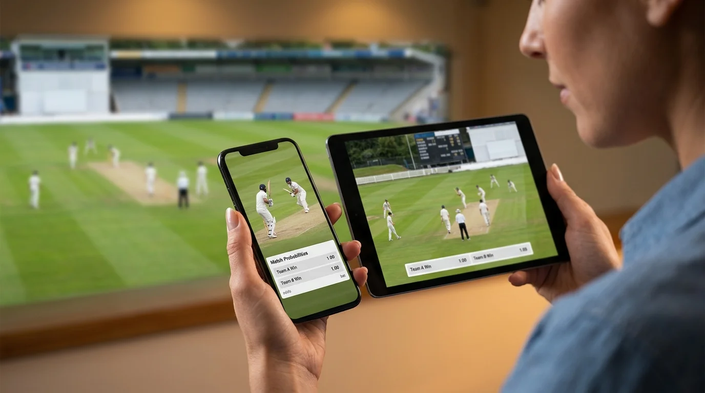 Bildschirm mit laufenden Live-Quoten während eines Cricket-Spiels