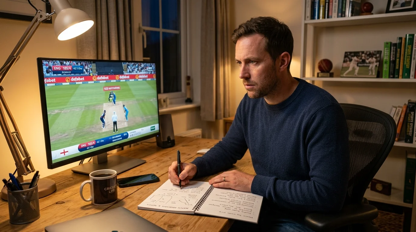 Person analysiert konzentriert ein laufendes Cricket-Spiel am Laptop