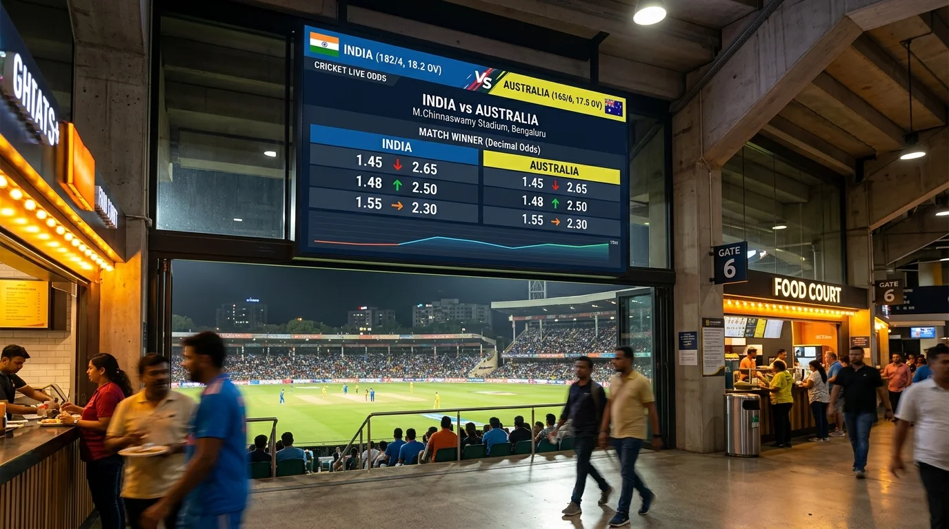 Anzeigetafel mit sich bewegenden Cricket-Quoten nach einem Wicket