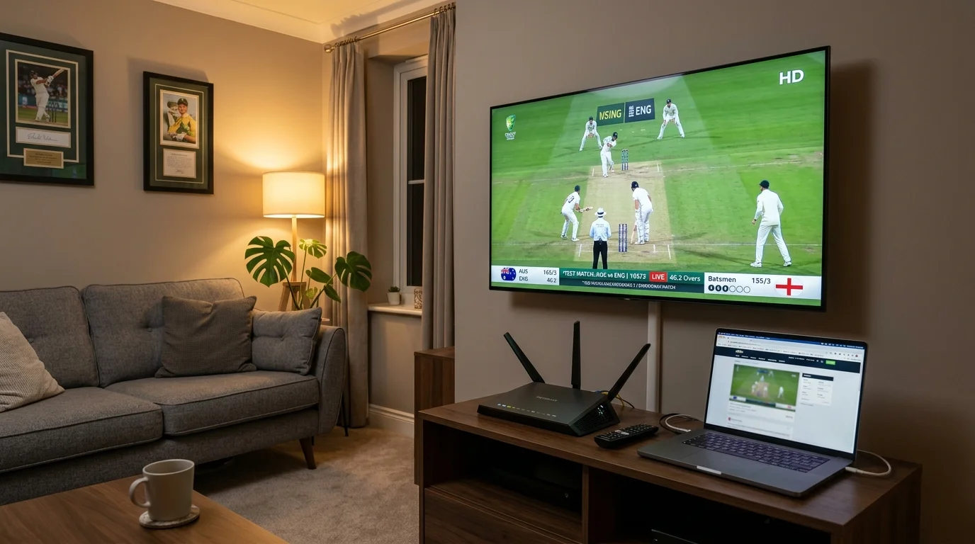 Setup aus Bildschirm mit Cricket-Stream und stabiler Internetverbindung