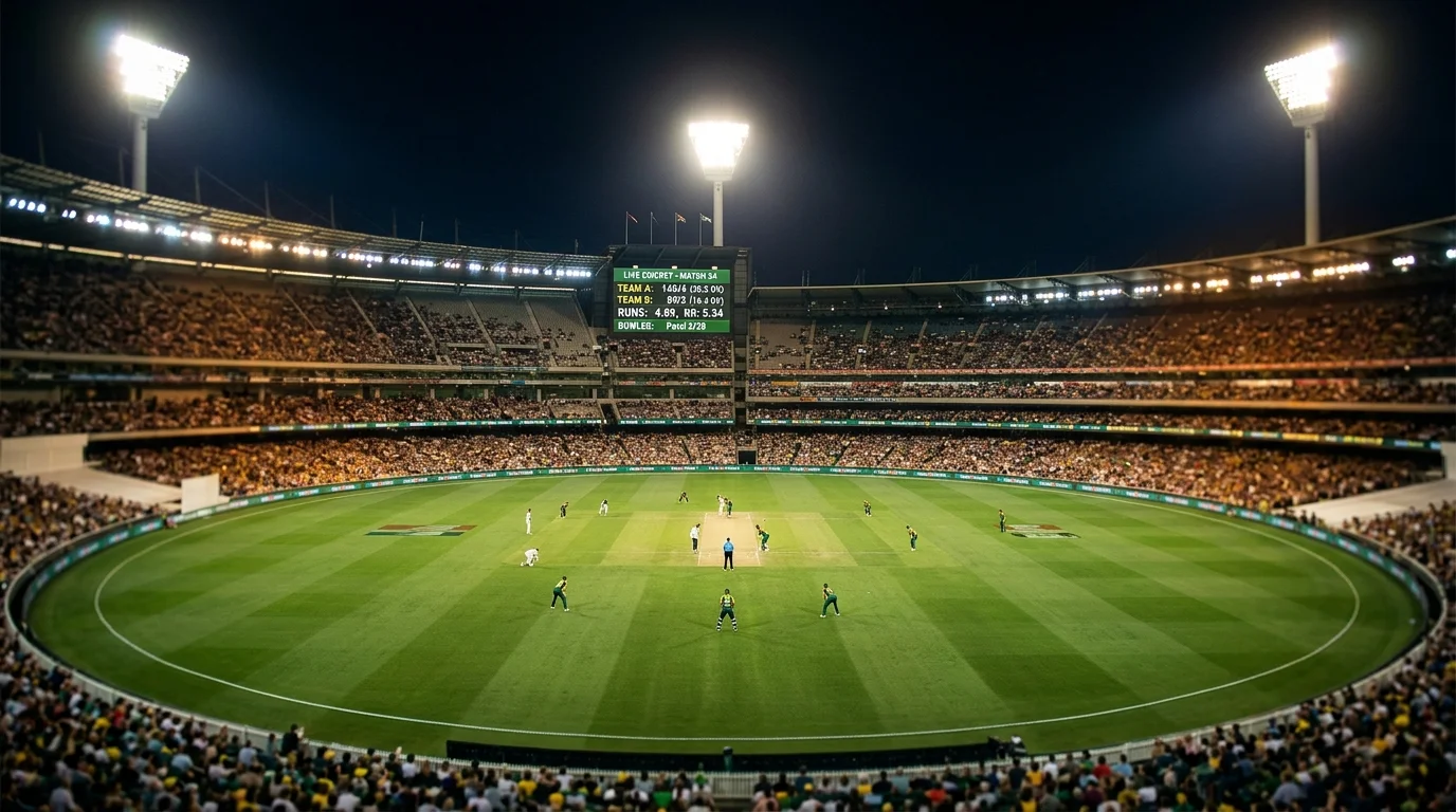 Live-Quotenanzeige während eines Cricket-Spiels im Stadion bei Flutlicht