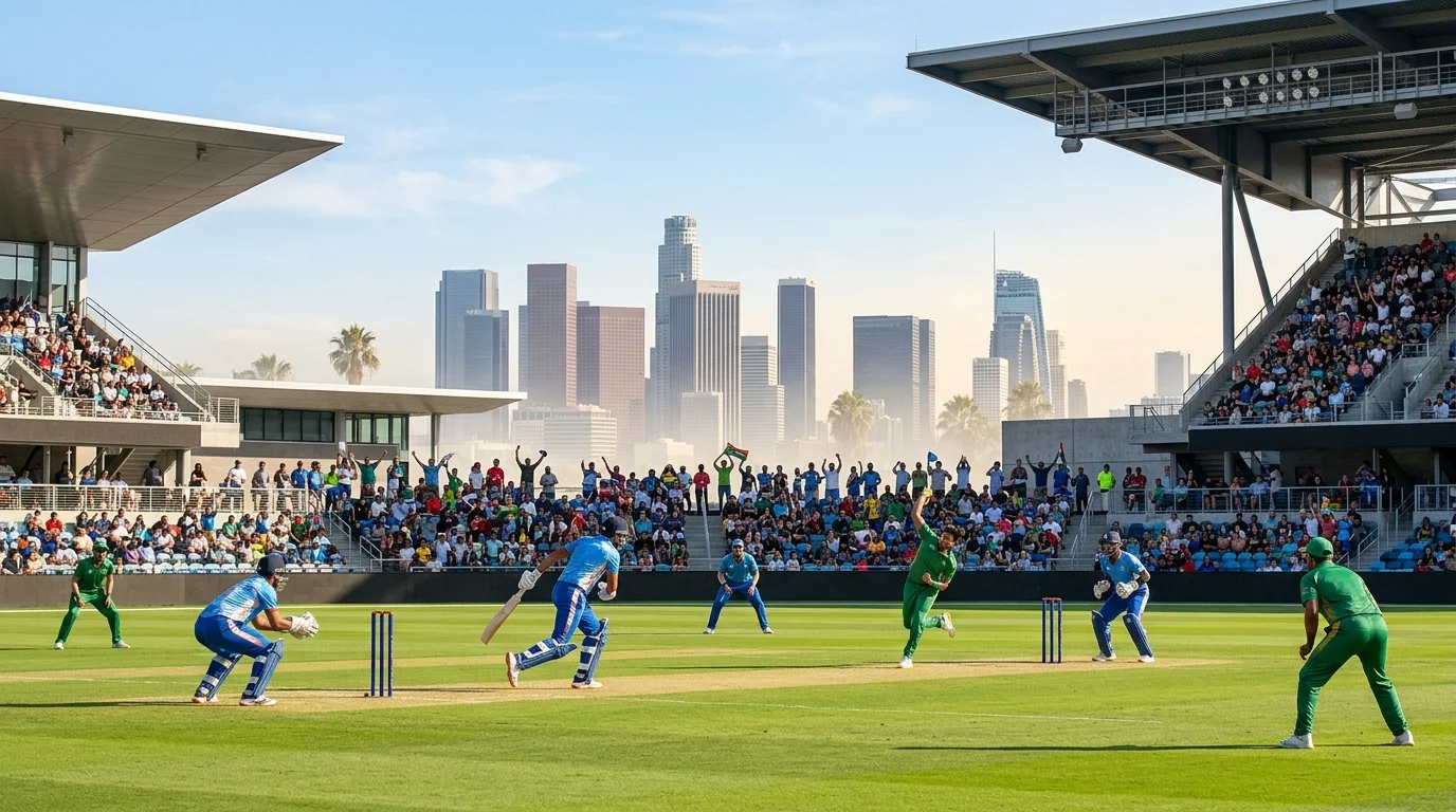 Cricket-Spielszene mit olympischer Symbolik für Los Angeles 2028