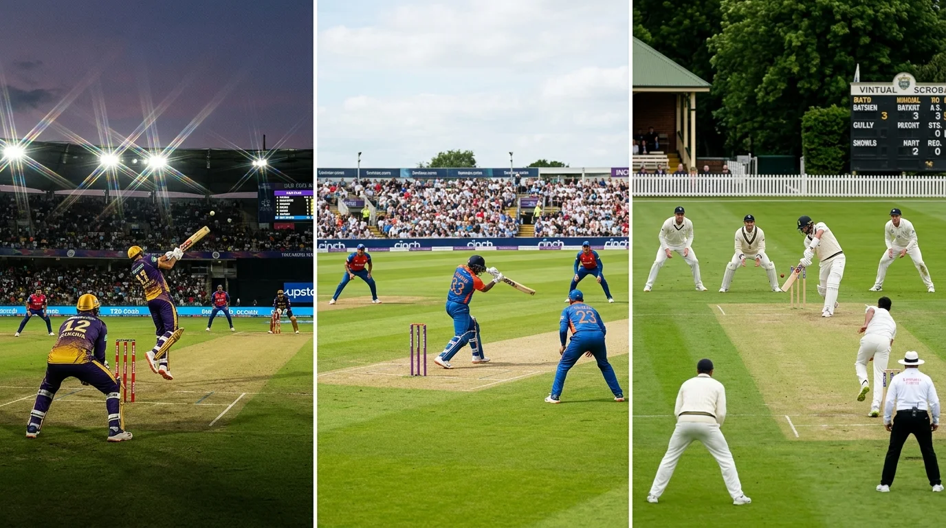 Drei Cricket-Spielszenen für die Formate T20, ODI und Test
