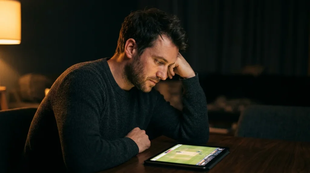 Konzentrierter Cricket-Wetter beobachtet ein Live-Spiel auf dem Tablet im abgedunkelten Raum
