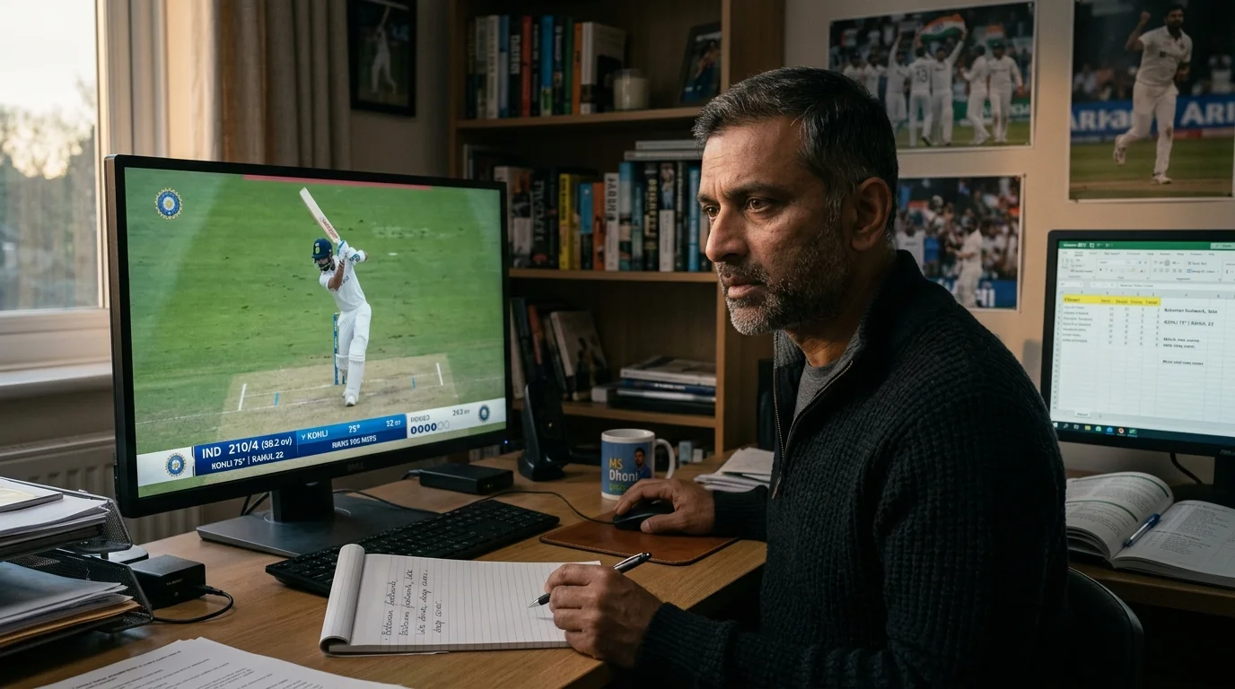 Cricket-Analyst beobachtet konzentriert ein Spiel auf der Suche nach Fehlquoten