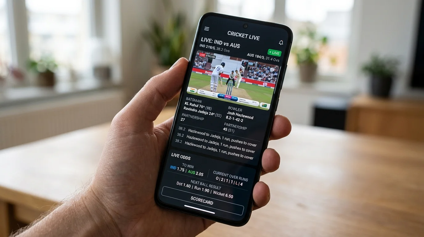 Bildschirm einer Cricket-App mit Live-Funktionen und Spielverlauf