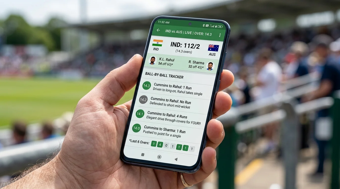 Live-Match-Tracker einer Cricket-App auf dem Smartphone während eines Spiels