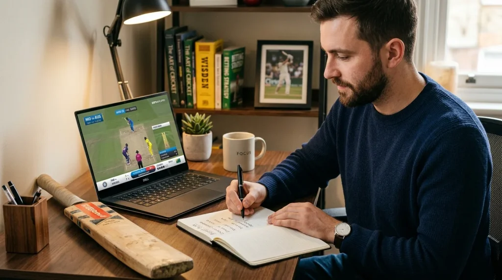 Person plant diszipliniert ihre Einsätze für Cricket-Wetten an einem aufgeräumten Schreibtisch
