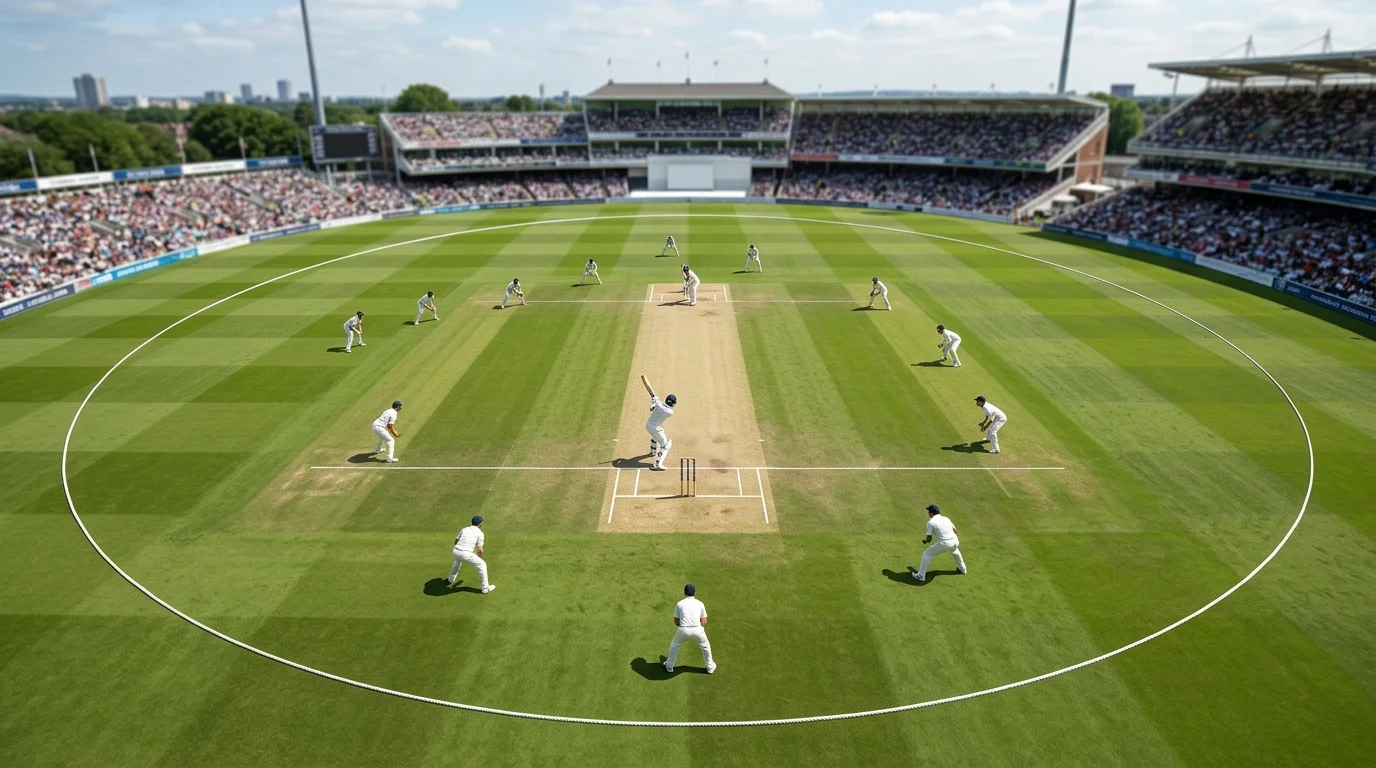 Cricketfeld mit Pitch, Wickets und Feldspielern als Überblick der Grundregeln