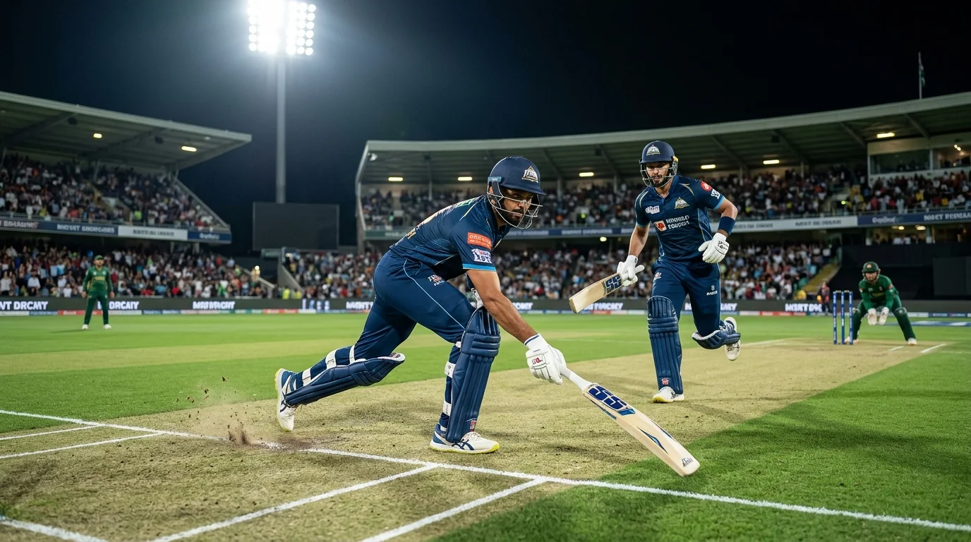 Schlagmann läuft nach einem Schlag Runs auf dem Cricketfeld