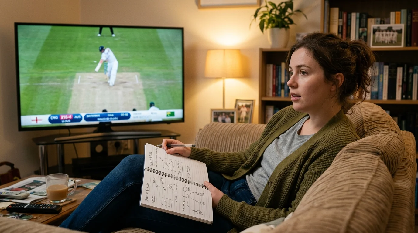 Cricket-Einsteiger verfolgt entspannt ein Spiel im Fernsehen