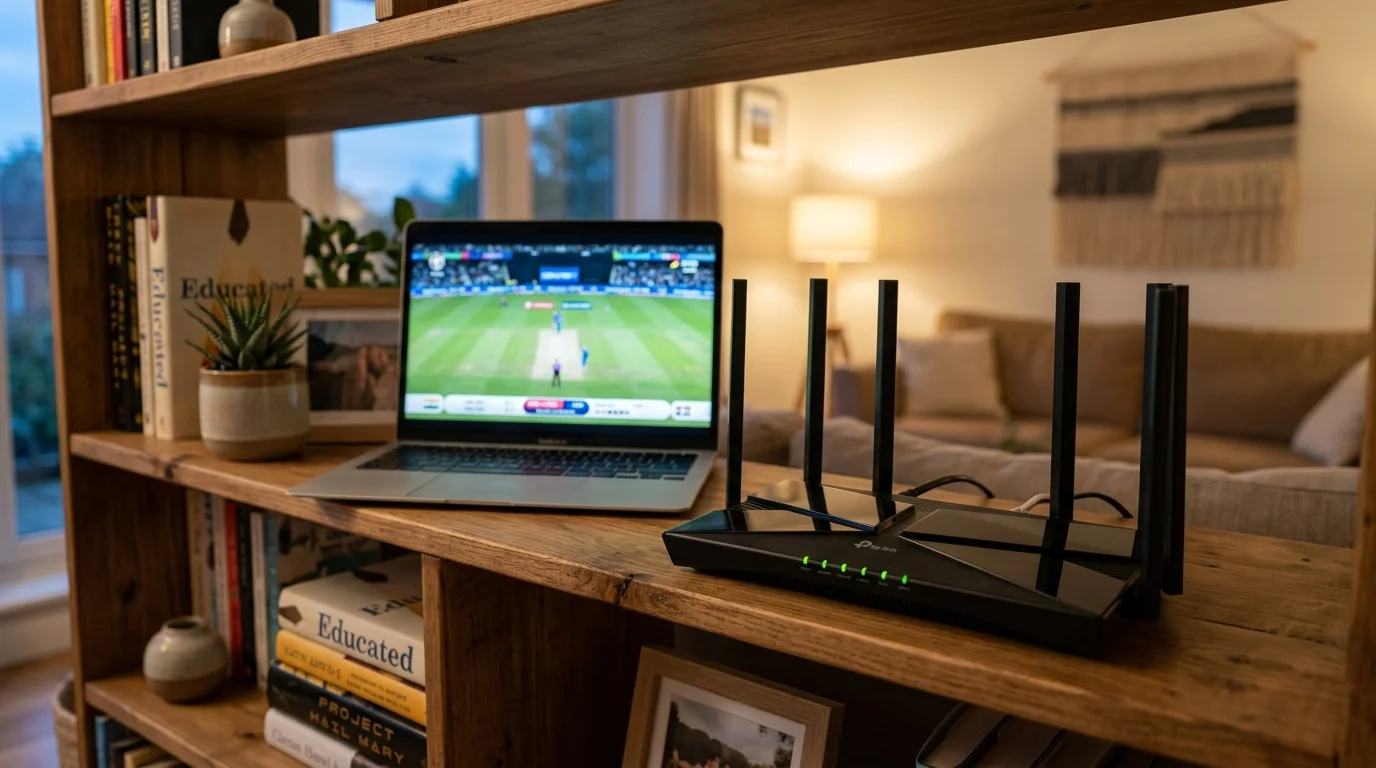 Stabiler Internet-Router neben einem Laptop mit laufendem Cricketspiel