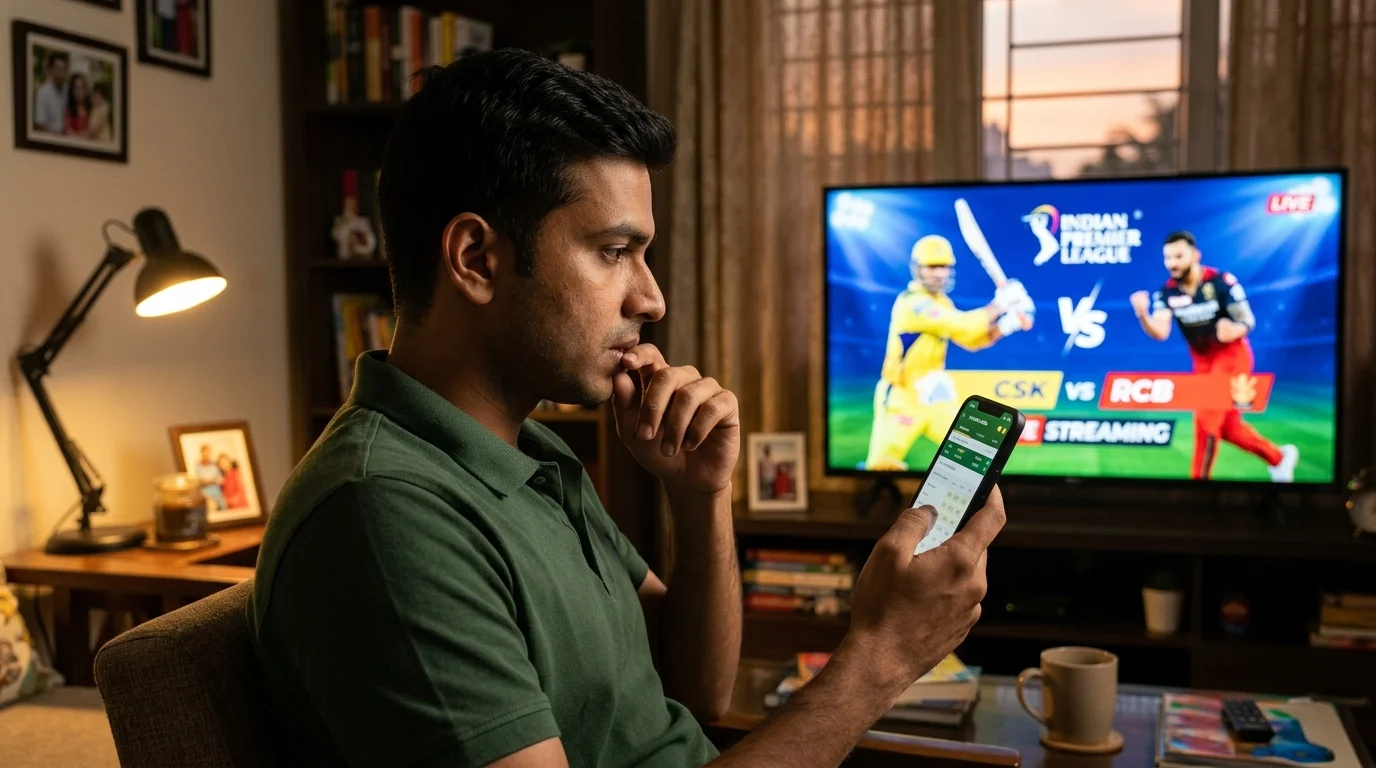Person verfolgt parallel Stream und Quoten, um die Verzögerung beim Cricket auszugleichen