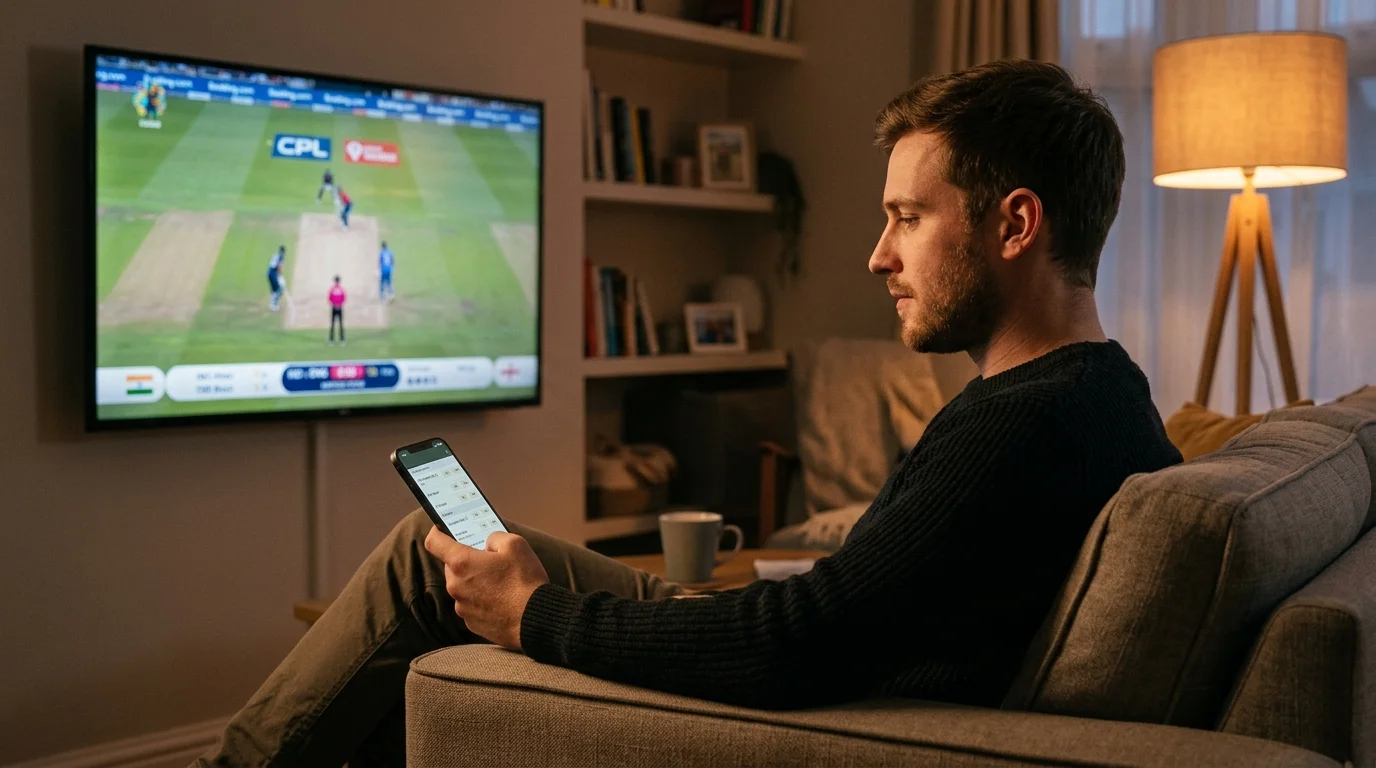 Person beobachtet konzentriert ein Cricketspiel und plant das Timing einer Live-Wette