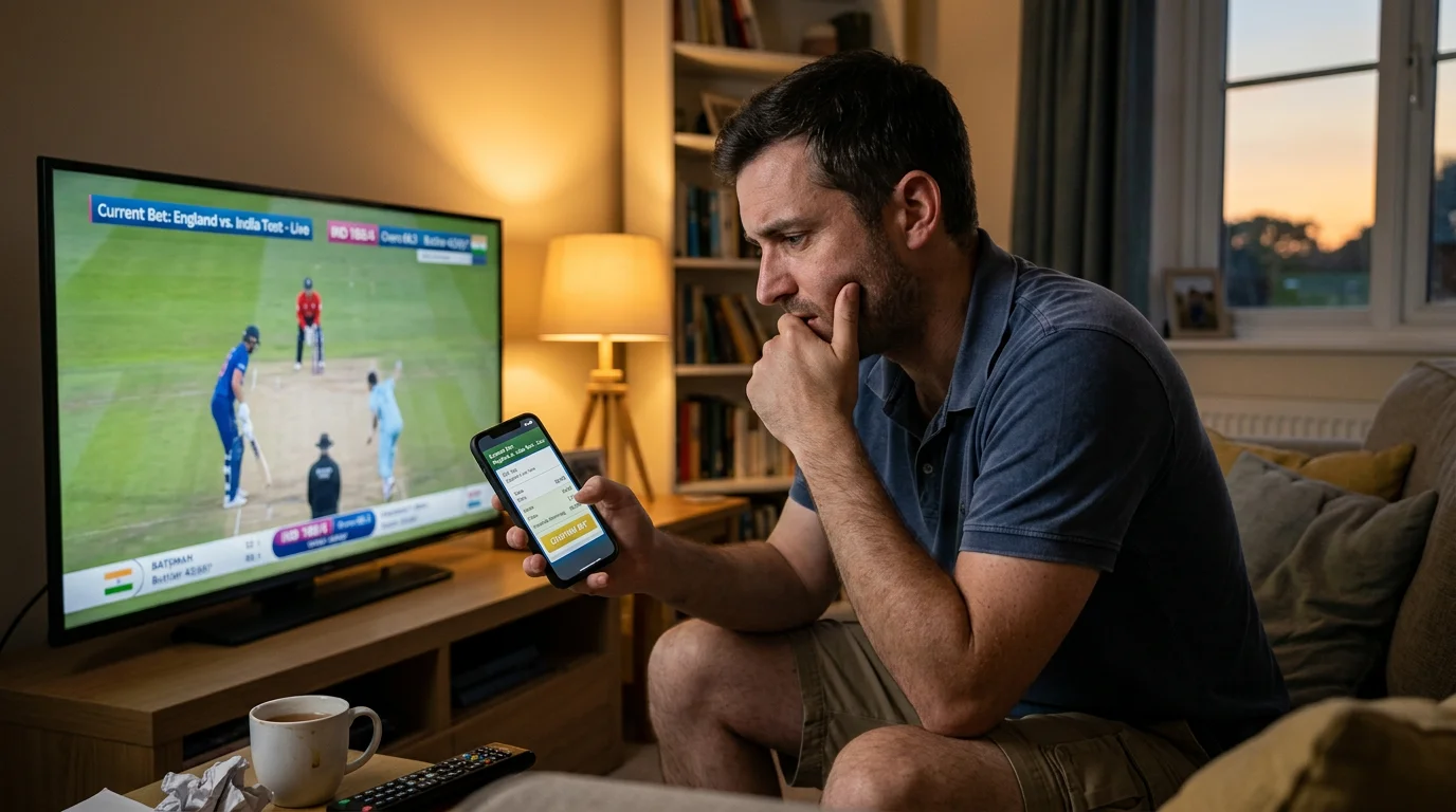 Wetter verfolgt angespannt ein Cricketspiel und überlegt einen Cash-Out