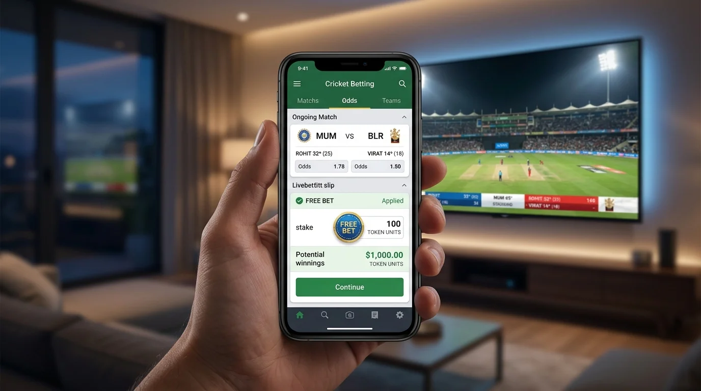 Bonus wird während eines Live-Cricketspiels am Smartphone eingesetzt
