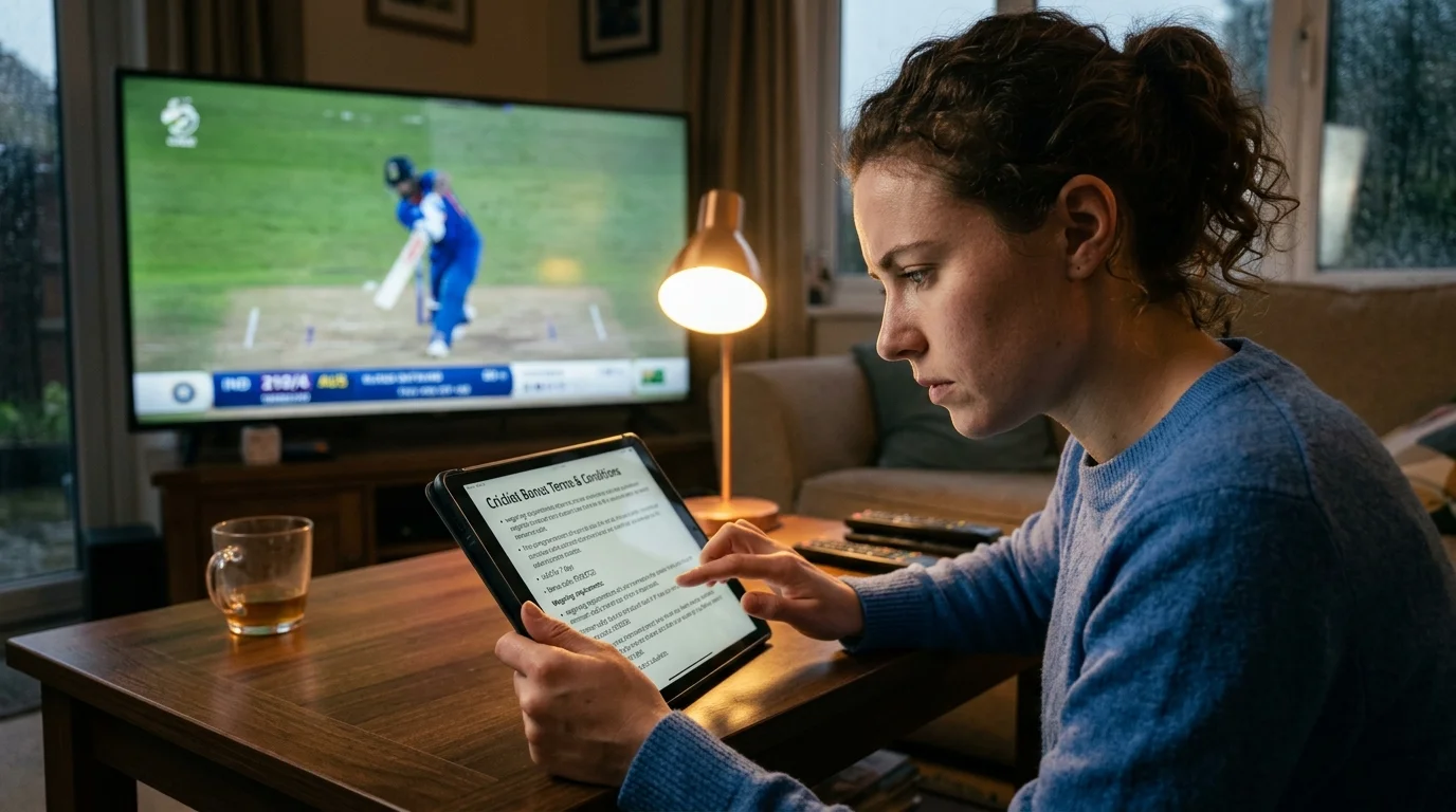 Person liest aufmerksam die Umsatzbedingungen eines Cricket-Wettbonus