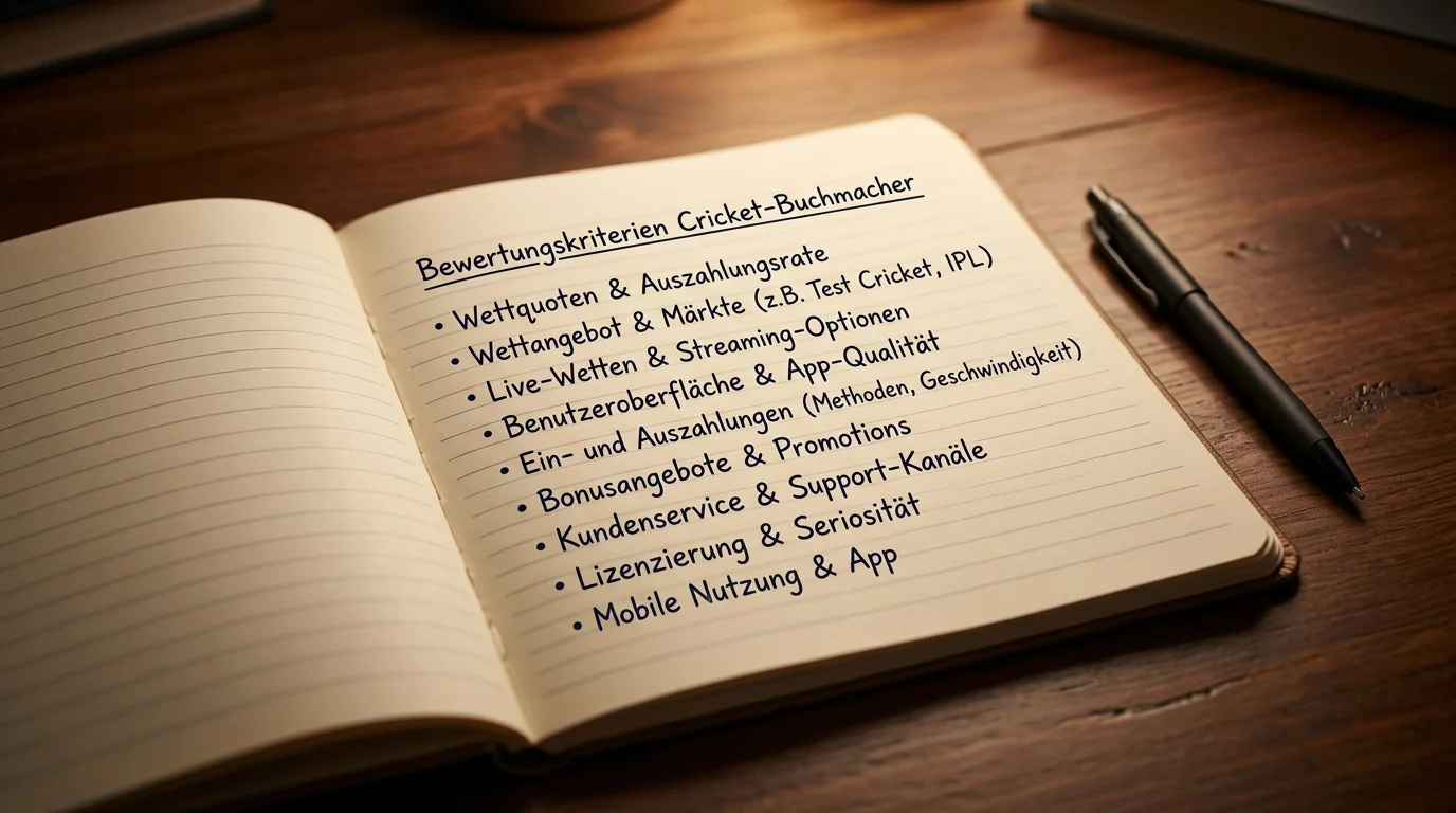 Notizbuch mit handschriftlich aufgelisteten Bewertungskriterien für einen Cricket-Buchmacher