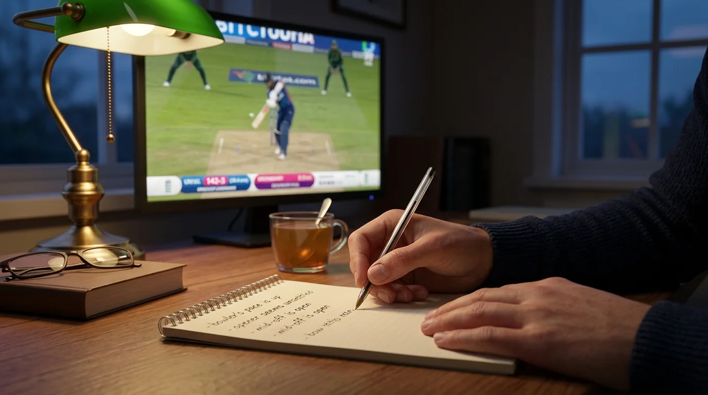 Person notiert in einem Block Überlegungen zur Buchmacher-Marge beim Cricket