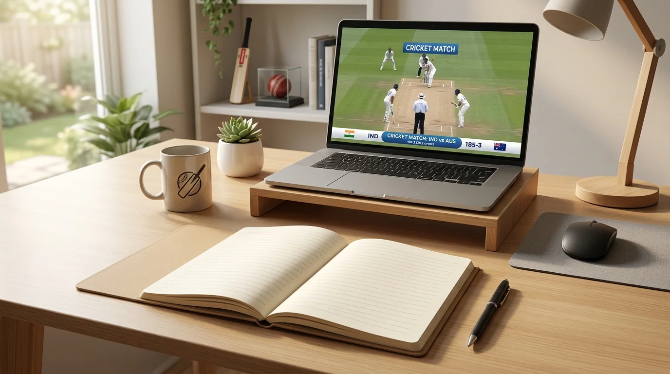 Aufgeräumter Schreibtisch mit Notizbuch zur Budgetplanung für Cricket-Wetten