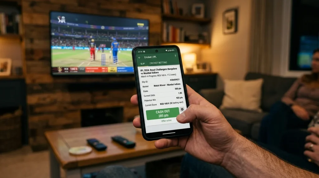 Smartphone zeigt die Cash-Out-Option einer Cricket-Wette während eines Live-Spiels