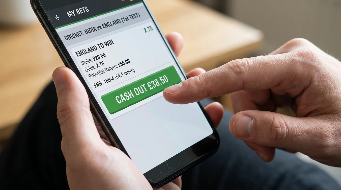 Nahaufnahme einer Cash-Out-Schaltfläche in einer Cricket-Wett-App
