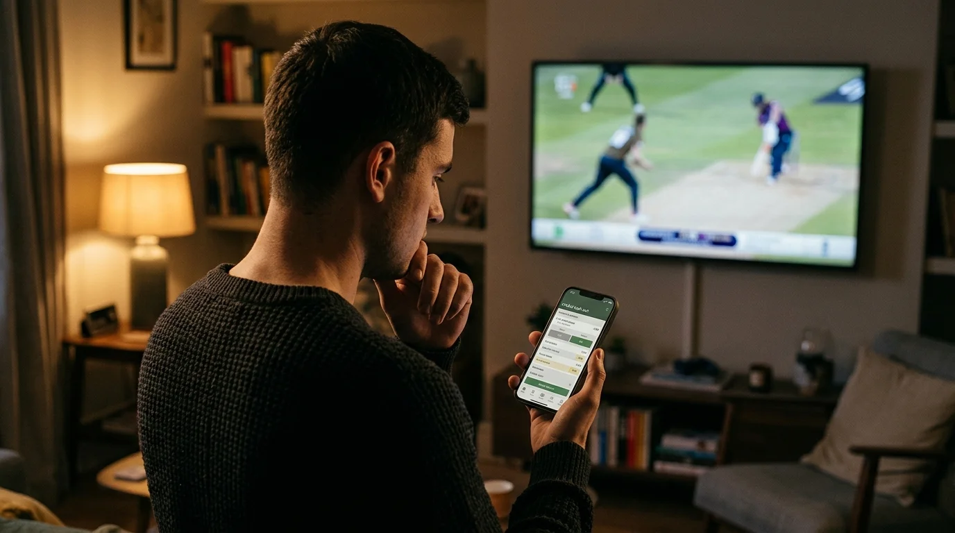 Person zögert nachdenklich bei einer Cash-Out-Entscheidung während eines Cricketspiels