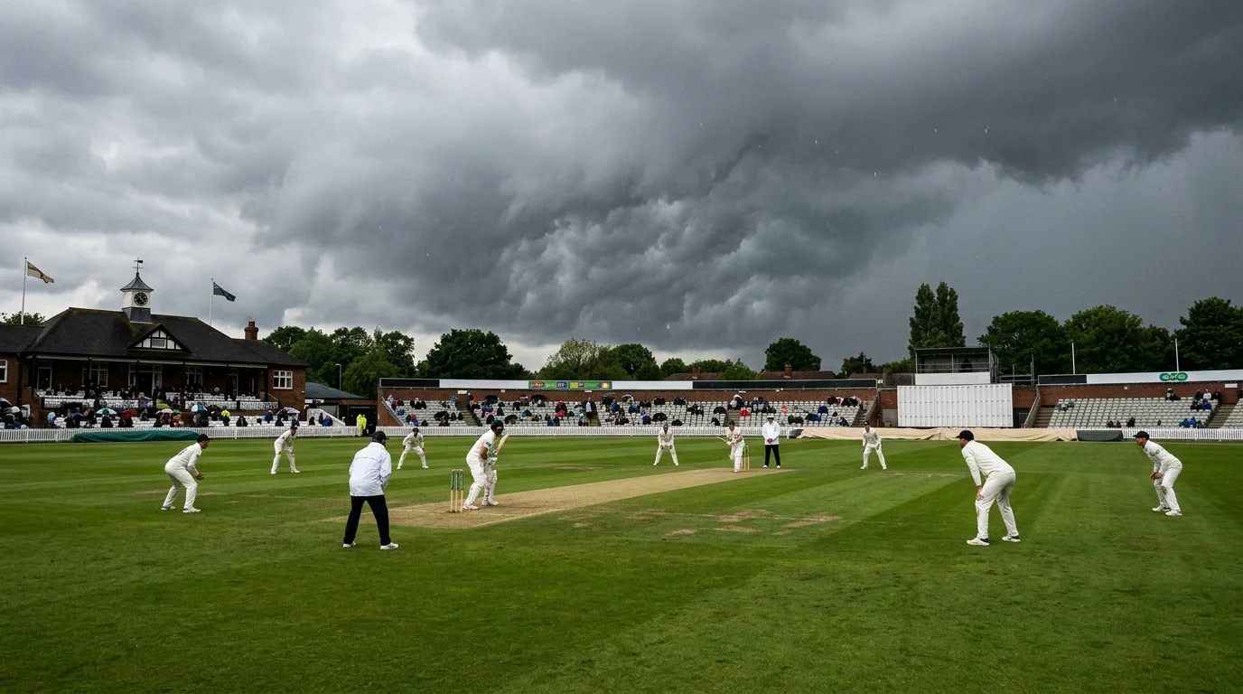 Bewölkter Himmel über einem Cricketfeld kurz vor möglichem Regen