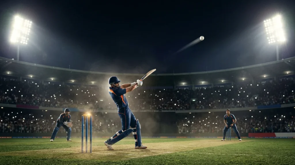 Schlagmann schlägt in den Death Overs eines Cricketspiels einen Six unter Flutlicht