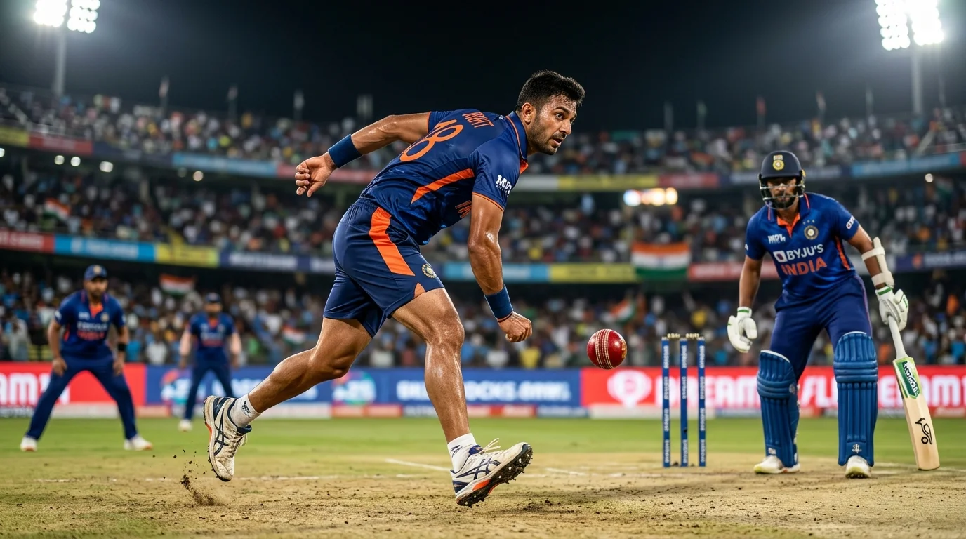 Bowler liefert in den Death Overs einen Yorker, Ball kurz vor dem Aufprall am Cricketfeld