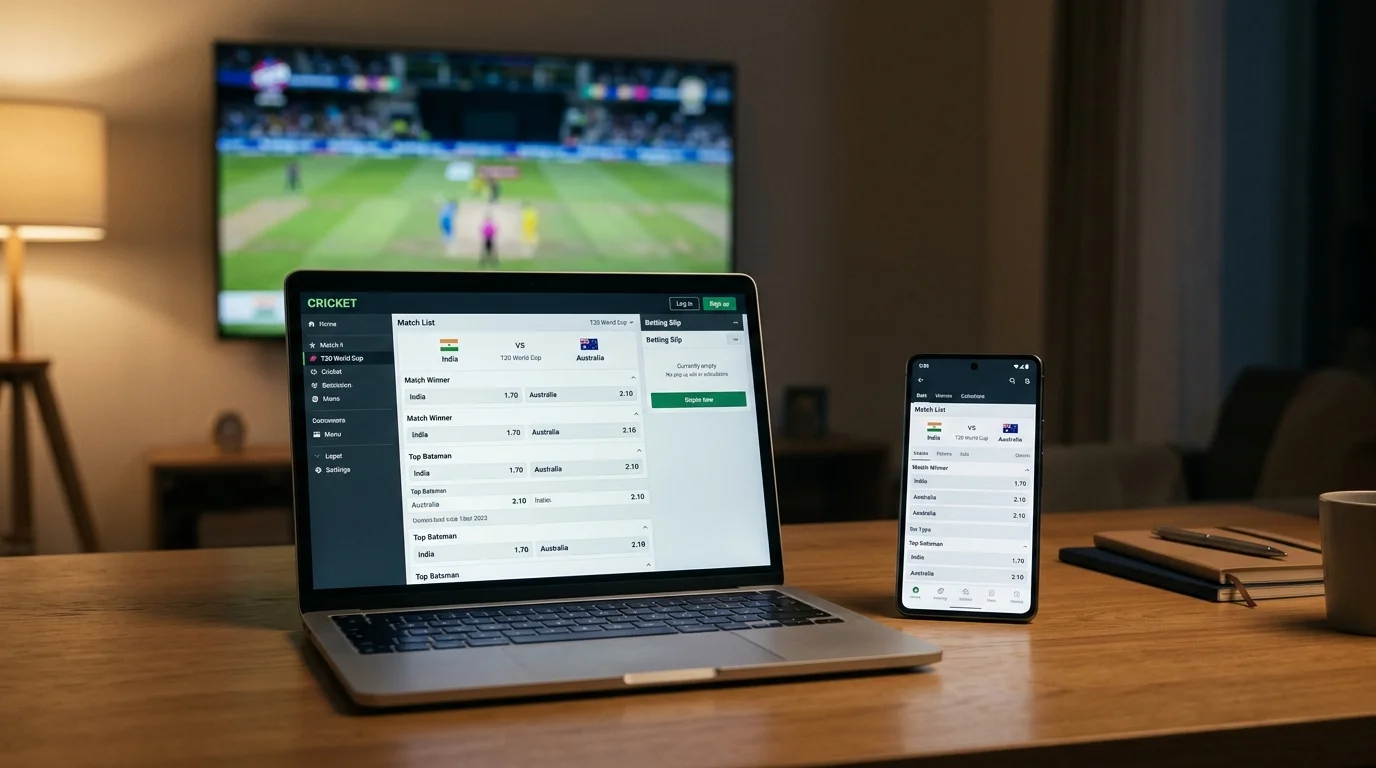 Laptop und Smartphone nebeneinander mit Cricket-Wettoberflächen zum Vergleich