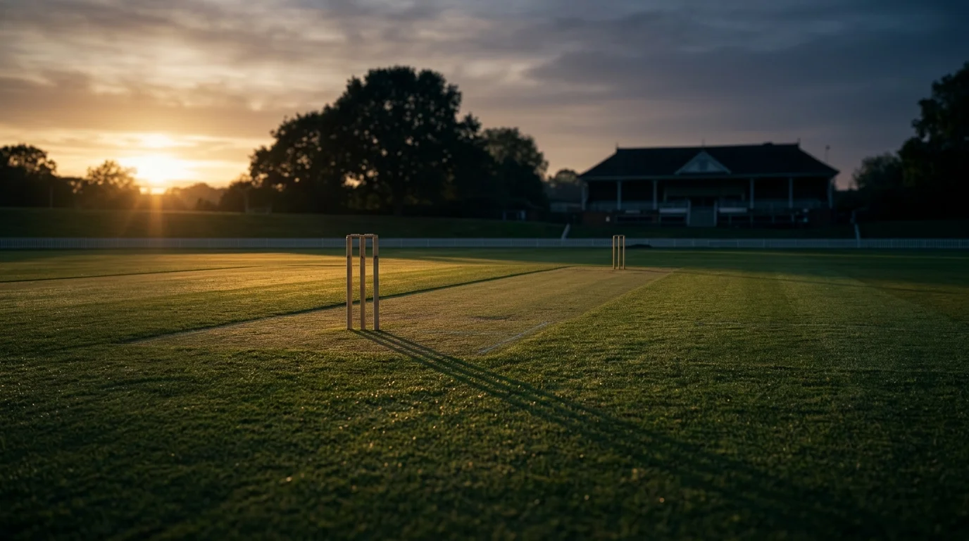 Leerer Cricket-Pitch in der Dämmerung als Sinnbild für Fairness und Integrität