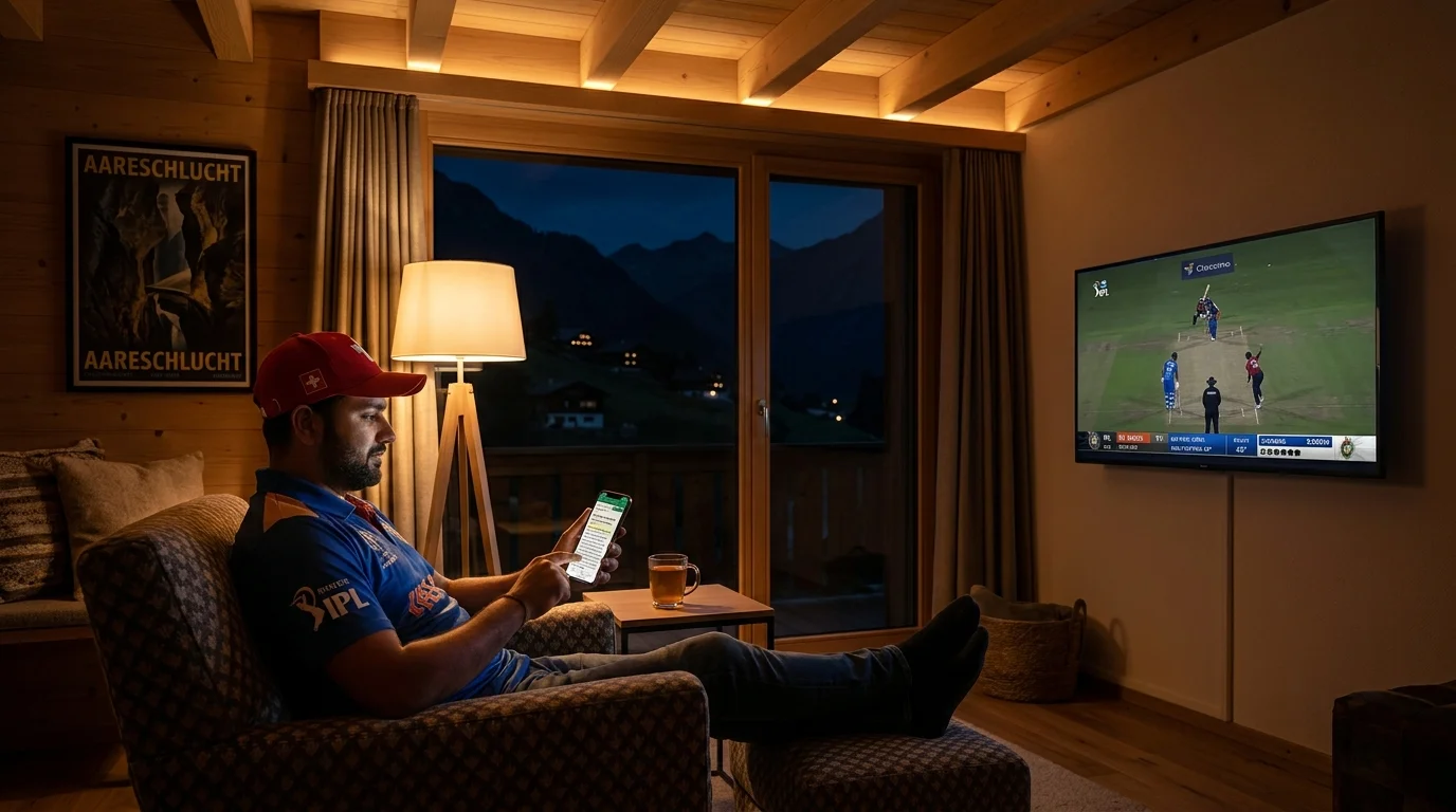 Cricket-Fan nutzt das Smartphone im Wohnzimmer während eines laufenden Spiels