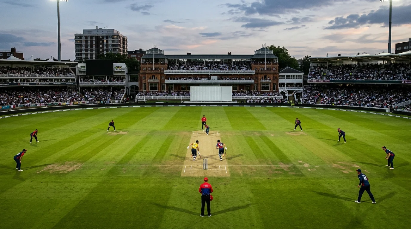 Spielsituation in der Schlussphase eines Cricketspiels mit Schlagmann und Feldaufstellung
