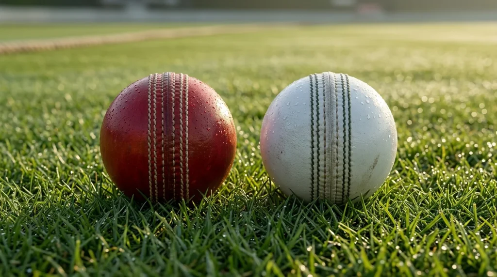 Roter Test-Cricketball und weisser Limited-Overs-Ball nebeneinander auf dem Rasen eines Cricketplatzes