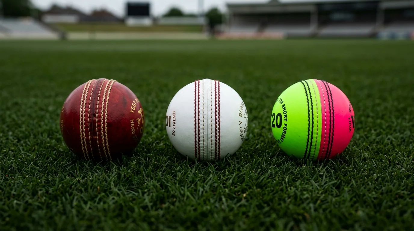 Roter Test-Ball, weisser ODI-Ball und farbiger T20-Ball nebeneinander zum Formatvergleich