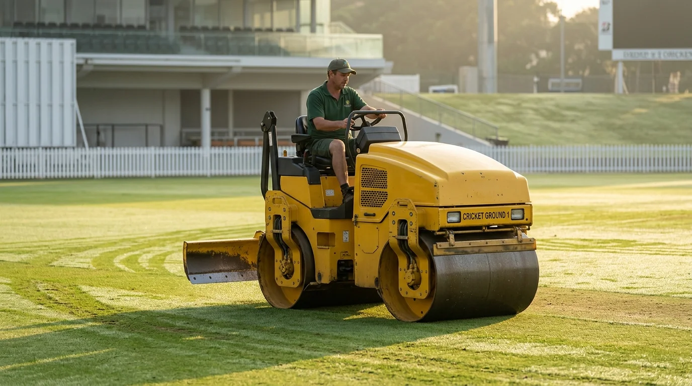 Platzwart bereitet vor dem Spiel den Cricket-Pitch vor