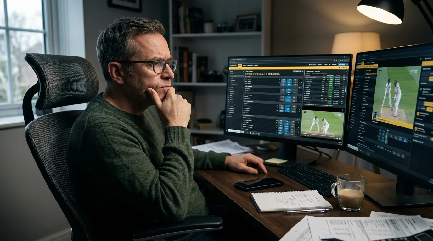 Nachdenkliche Person wägt die Grenzen einer Hedging-Strategie beim Cricket ab