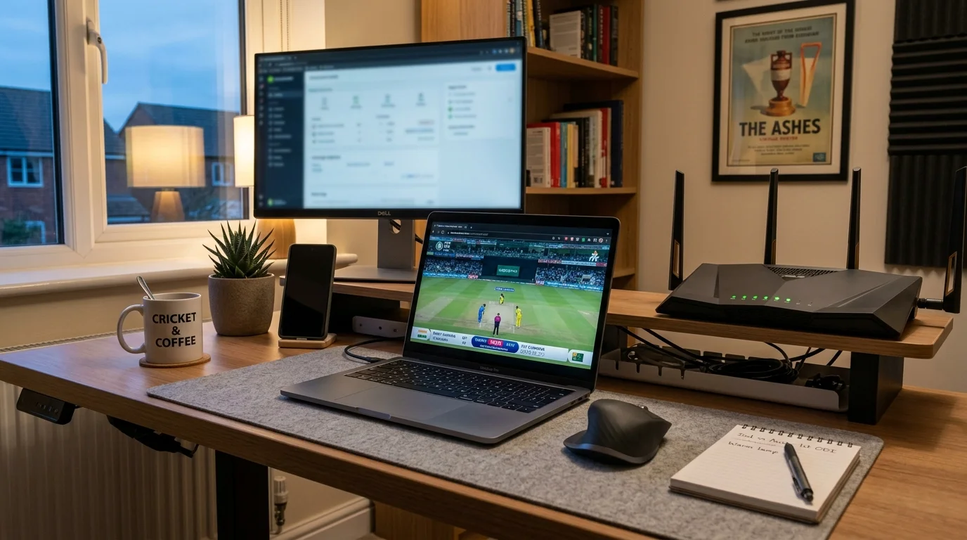 Heim-Arbeitsplatz mit Laptop und Router für Cricket-Live-Wetten