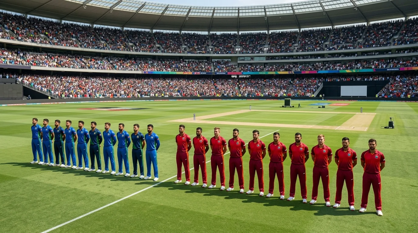 Internationale Cricket-Teams treten in einem modernen Stadion gegeneinander an