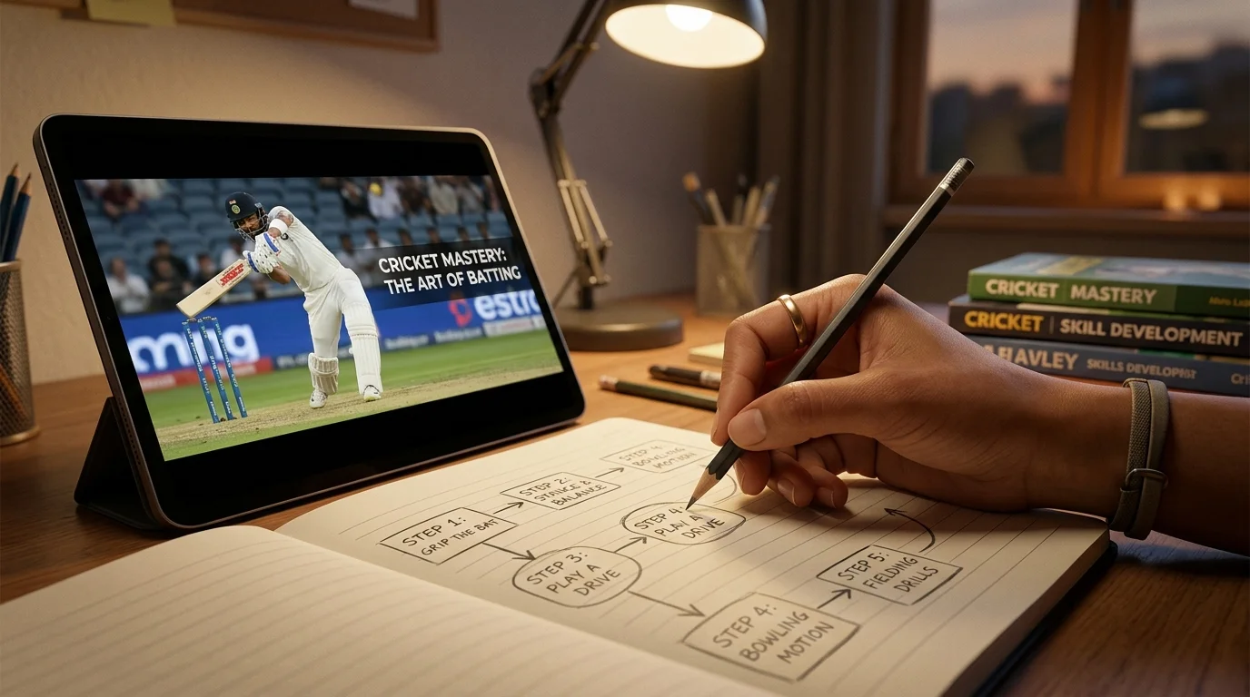 Einfacher Lernpfad für Cricket-Wetten als Schritte in einem Notizbuch skizziert