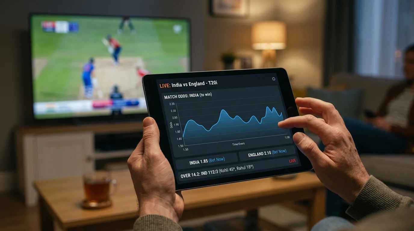 Hände halten ein Tablet mit Live-Cricket-Quoten neben einem laufenden Spiel
