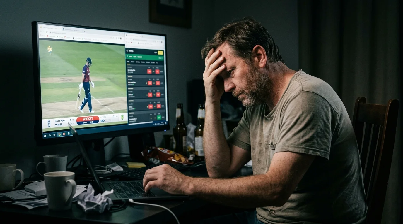 Frustrierter Wetter nach einem Wicket vor dem Bildschirm als Sinnbild emotionaler Fehlentscheidungen