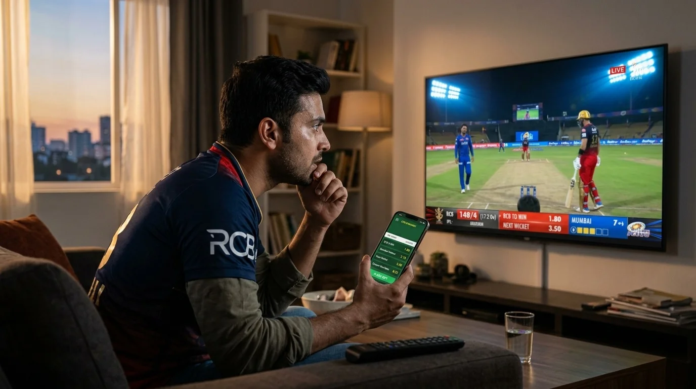 Person verfolgt angespannt ein laufendes Cricketspiel für Live-Wetten