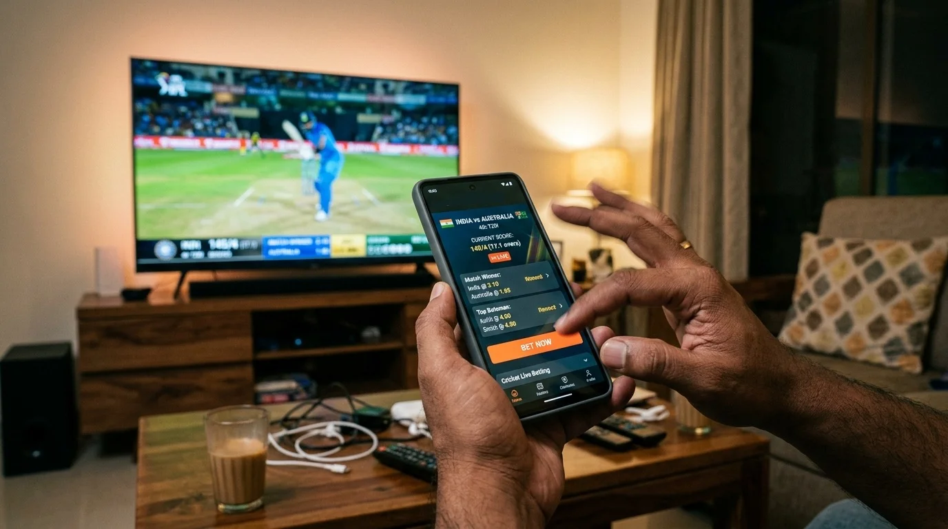 Schnelle Wettentscheidung am Smartphone während eines laufenden Cricketspiels