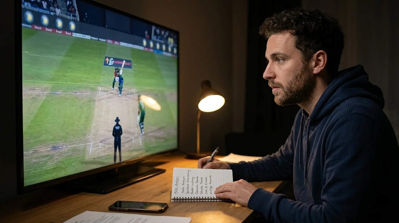 Wetter verfolgt aufmerksam ein laufendes Cricketspiel auf dem Bildschirm und macht sich Notizen