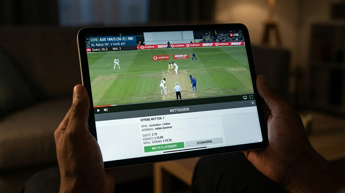 Tablet zeigt einen Live-Stream eines Cricketspiels neben dem geöffneten Wettschein