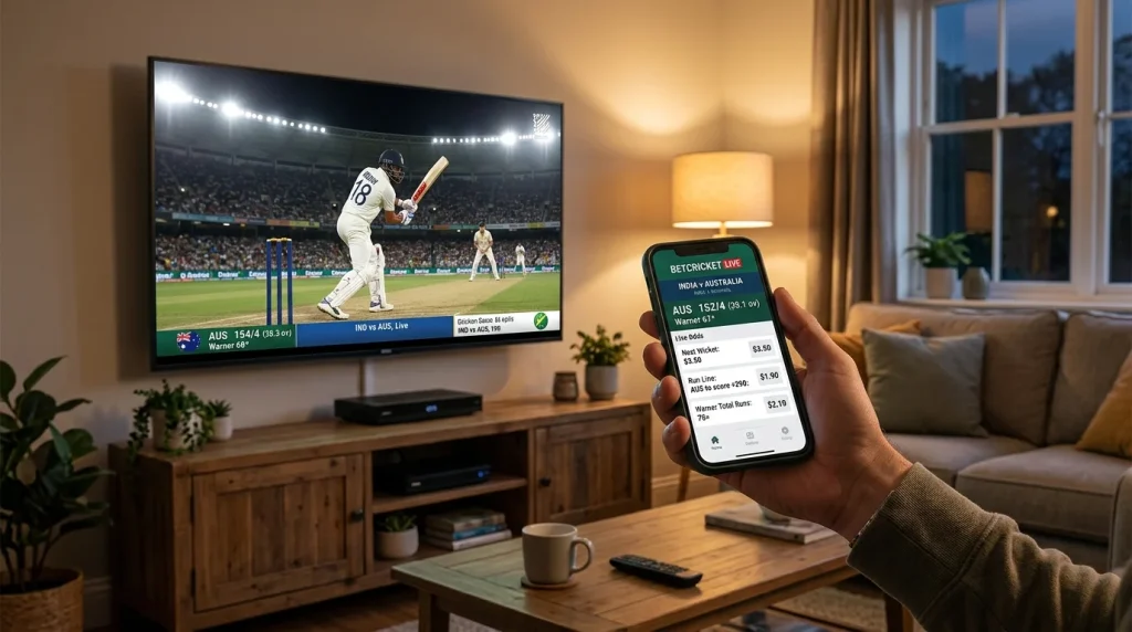 Cricket-Livestream auf einem Fernseher neben einem Smartphone mit Live-Wett-Quoten