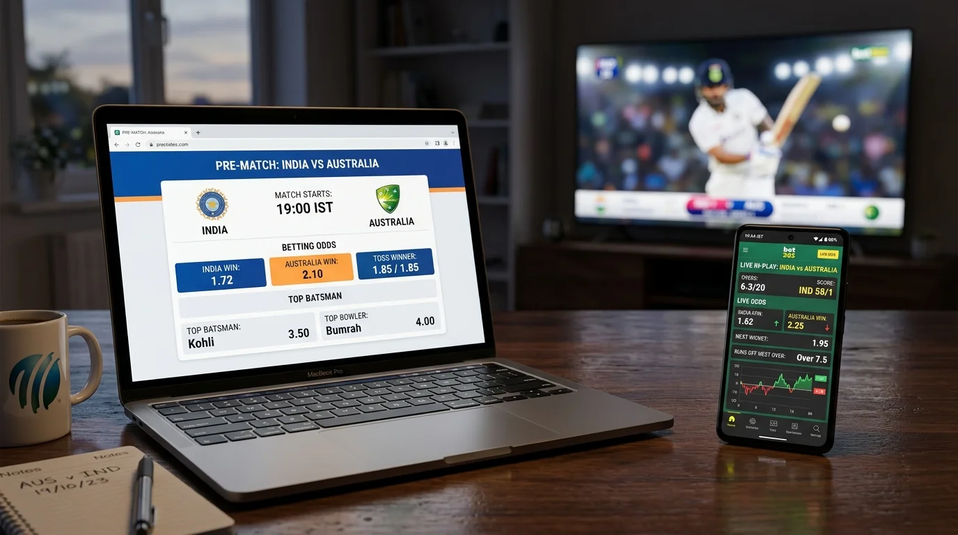 Vergleich von Pre-Match- und Live-Quoten eines Cricketspiels auf zwei Geräten
